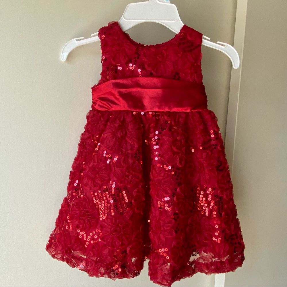 Girl’s Dress Size 12 Months 2 Piece NWT Red New Christmas Sequins Satin Bow Xmas